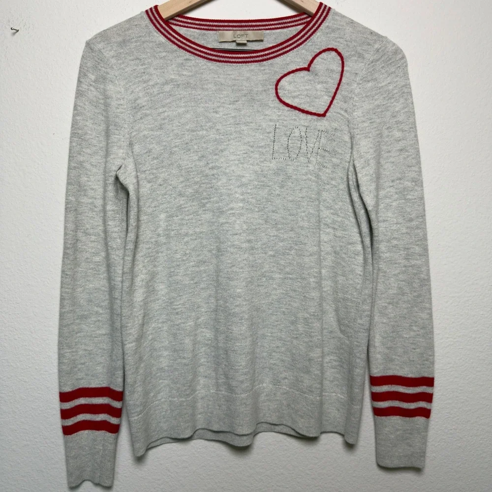 LOFT Women Love Sweater Small Gray Heart Embroidered Varsity Stripe Crewneck